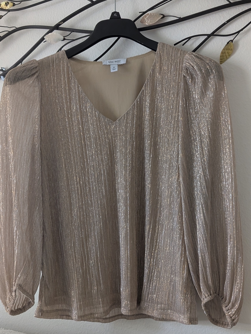 Nine West Metallic Champagne V-Neck Long Sleeve Blouse